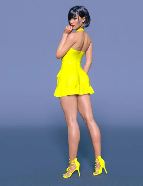 Hermosa Mujer Corta Amarillo Transparente Noche Mini Dress Summer Ropa — Foto de Stock