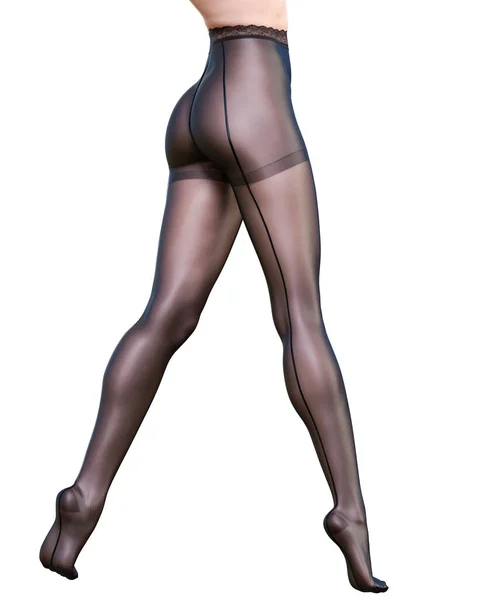 Beautiful Long Slender Sexy Female Legs Black Nylon Pantyhose Intimate — Stock Photo, Image