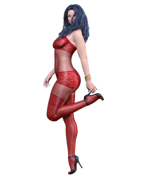 Καθιστούν Όμορφο Σέξι Κορίτσι Κόκκινο Bodystock Curves Σχήμα Κορίτσι Woman — Φωτογραφία Αρχείου