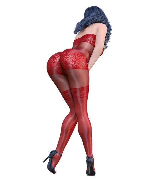 Render Vacker Sexig Flicka Röd Bodystocking Curves Forma Flickan Kvinna — Stockfoto