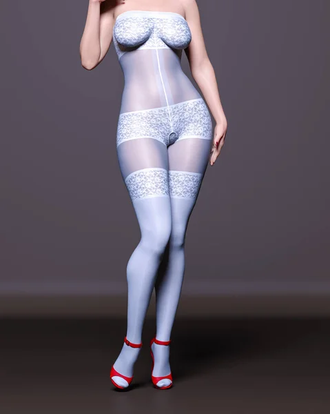 Визуализации Красивой Сексуальной Девушки Белый Bodystocking Curves Форме Girl Woman — стоковое фото