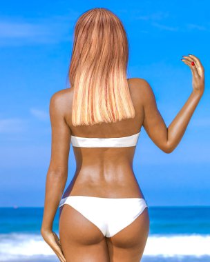 Deniz kıyısında üç boyutlu güzel kadın bikinisi, dinlenme, mavi okyanus arkaplanı. Güneşli bir gün. Kavramsal moda sanatı. Baştan çıkarıcı bir poz..