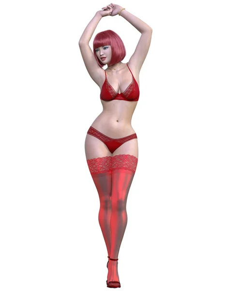 Bela Mulher Sexy Lingerie Vermelha Stockings Woman Estúdio Photography High — Fotografia de Stock