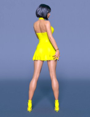 Güzel bir kadın kısa sarı şeffaf gece mini elbisesi, daha parlak kıyafetler koleksiyonu. Parlak makyaj. Kadın stüdyosu göz alıcı fotoğraf çekimi. Kavramsal moda sanatı..