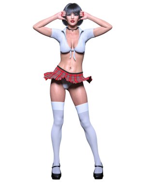 Güzel bir genç kadın fotoğraf çekimi. Kısa kırmızı etek kafesi, çorap, bluz. Uzun saç. Okul seksi üniforması. Kavramsal moda sanatı..