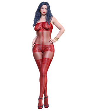 3 boyutlu güzel seksi kız, kırmızı vücut çorabı. Kıvrımlı kız. Kadın stüdyo fotoğrafı. Yüksek topuklu. Kavramsal moda sanatı..