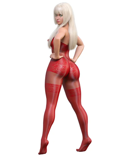 Hacer Hermosa Sexy Chica Rubia Rojo Bodystocking Curves Forma Girl — Foto de Stock
