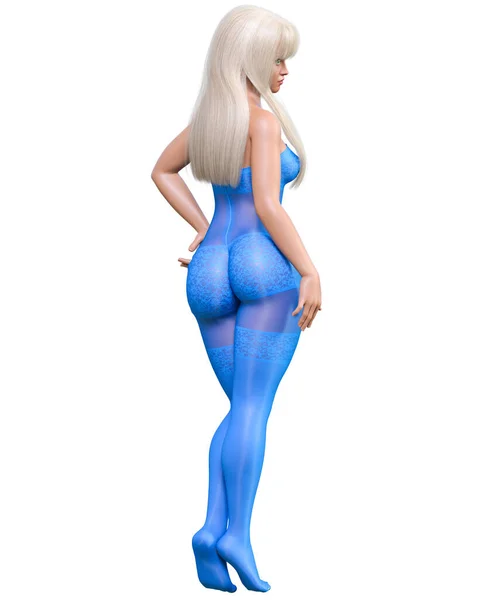 Vykreslit Krásné Sexy Blondýny Dívka Modrá Bodystocking Curves Tvar Dívka — Stock fotografie