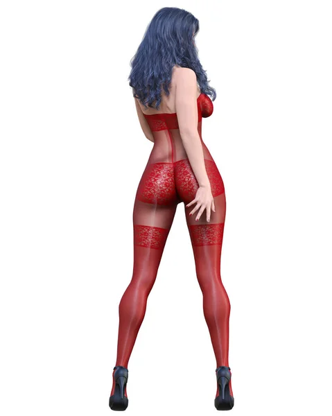 Rendre Belle Fille Sexy Rouge Bodystocking Curves Forme Girl Woman — Photo