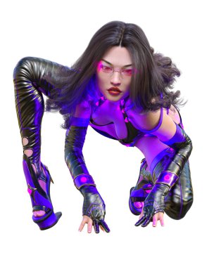 3D Japon suikastçı Amazon kadın. Fütürist neon parıltılı kostüm. Komedi kahramanı. Çizgi film, çizgi roman, manga illüstrasyonu.