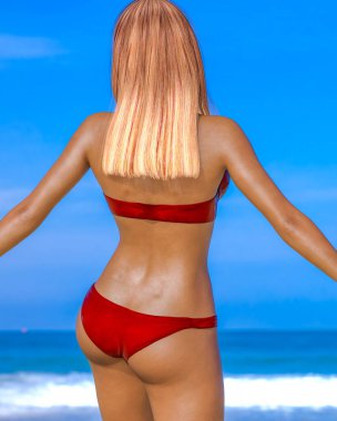 Deniz kıyısında 3 boyutlu güzel bir kırmızı bikini, dinlenme, mavi okyanus arkaplanı. Güneşli bir gün. Kavramsal moda sanatı. Baştan çıkarıcı bir poz..