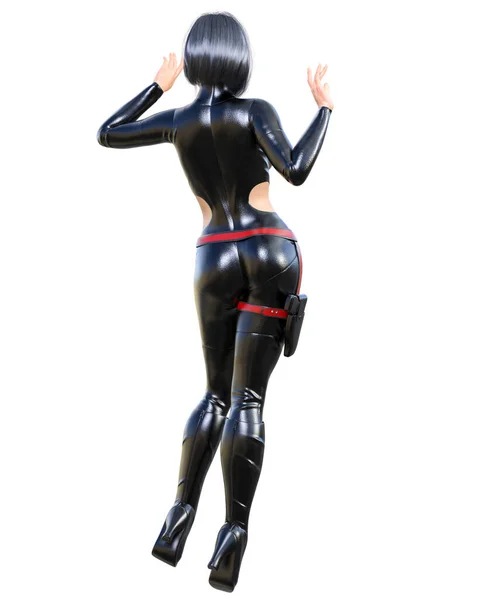 Όμορφη Ψηλή Γυναίκα Δερμάτινο Μαύρο Bodysuit Latex Στενή Τοποθέτηση Suit — Φωτογραφία Αρχείου