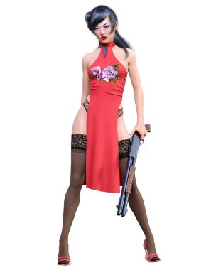 3D Japon savaşçısı Amazon kadın av tüfeği. Uzun elbise ve kesik. Çizgi film, çizgi roman, manga illüstrasyonu. Kavramsal moda sanatı.