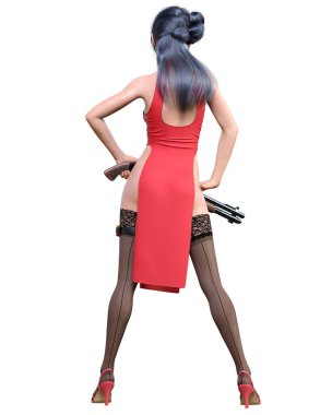 3D Japon savaşçısı Amazon kadın av tüfeği. Uzun elbise ve kesik. Çizgi film, çizgi roman, manga illüstrasyonu. Kavramsal moda sanatı.
