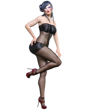 3D, güzel, seksi Japon kız, siyah vücut çorabı kıvrımlı, kıvrımlı kız, kadın stüdyo fotoğrafı, yüksek topuklu, kavramsal moda sanatı, baştan çıkarıcı, samimi kıyafetler..