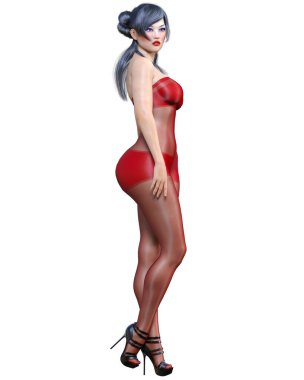 3 Boyutlu güzel seksi Japon kız kırmızı vücut çorabı. Kıvrımlı kız. Kadın stüdyo fotoğrafı. Yüksek topuklu. Kavramsal moda sanatı..