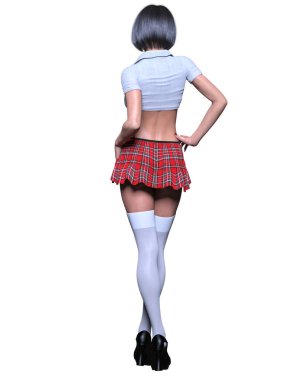 Güzel bir genç kadın fotoğraf çekimi. Kısa kırmızı etek kafesi, çorap, bluz. Uzun saç. Okul seksi üniforması. Kavramsal moda sanatı..