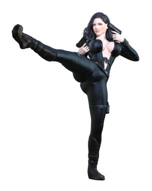 3 boyutlu seksi anime kadın silahlı. Fütürist abartılı lateks kıyafetler. Çizgi roman kahramanı. Çizgi roman, çizgi roman, manga karikatürü..