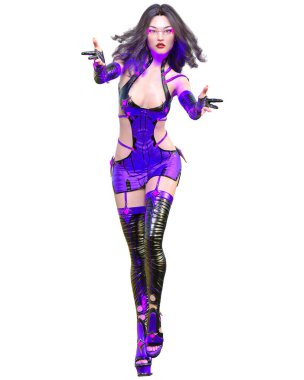 3D Japon suikastçı Amazon kadın. Fütürist neon parıltılı kostüm. Komedi kahramanı. Çizgi film, çizgi roman, manga illüstrasyonu.