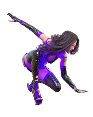 3D Japon suikastçı Amazon kadın. Fütürist neon parıltılı kostüm. Komedi kahramanı. Çizgi film, çizgi roman, manga illüstrasyonu.