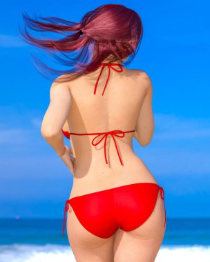 Deniz kıyısında 3 boyutlu güzel bir kırmızı bikini, dinlenme, mavi okyanus arkaplanı. Güneşli bir gün. Kavramsal moda sanatı. Baştan çıkarıcı bir poz..