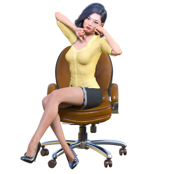 Sexy Japanese Secretary Mini Skirt Stocking Beautiful Girl Sitting Office — Stock Photo, Image