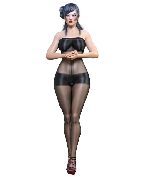 Render Bonito Sexy Japonês Menina Preto Bodystocking Curves Forma Girl — Fotografia de Stock