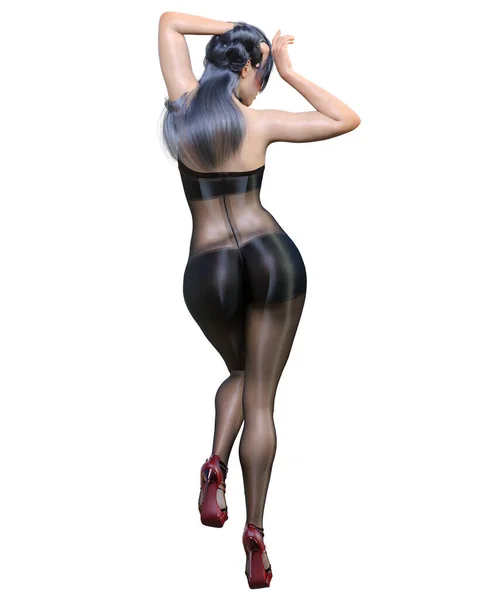 Render Bonito Sexy Japonês Menina Preto Bodystocking Curves Forma Girl — Fotografia de Stock