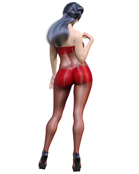 Vykreslit Krásné Sexy Japonky Dívka Červené Bodystocking Curves Tvar Dívka — Stock fotografie
