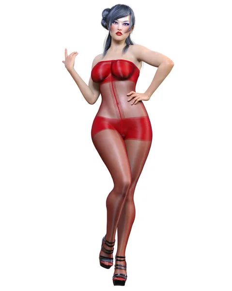 Renderizar Hermosa Sexy Chica Japonesa Rojo Bodystocking Curves Forma Girl — Foto de Stock