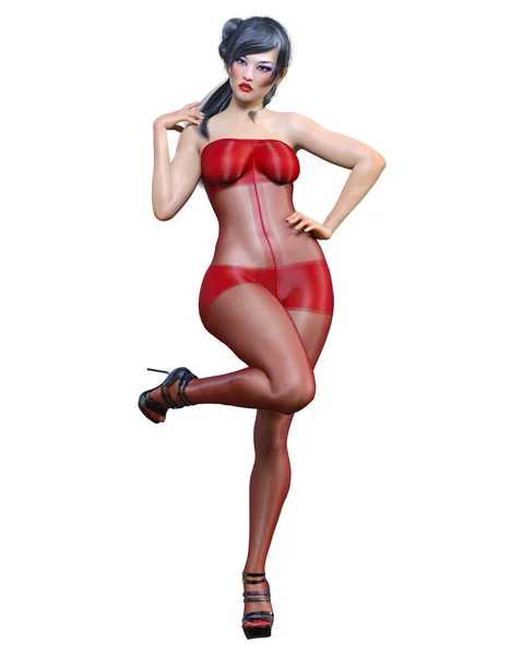 Rendere Bella Sexy Ragazza Giapponese Rosso Bodystocking Curves Forma Girl — Foto Stock