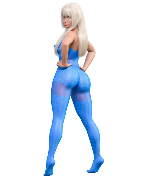 Визуализации Красивые Сексуальные Блондинка Голубой Bodystocking Curves Форме Girl Woman — стоковое фото