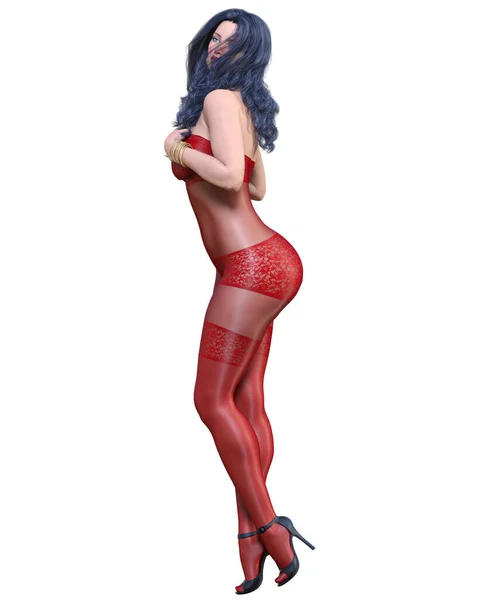 Rendere Bella Ragazza Sexy Rosso Bodystocking Curves Forma Girl Woman — Foto Stock