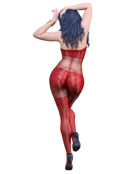 3D使漂亮的性感女孩穿上红色的紧身胸衣 曲线形状的女孩 女人工作室摄影 高跟鞋 概念时尚艺术 吸引人的直率的个性 夏天的贴身服装 — 图库照片