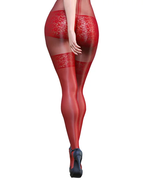 3Dレンダリング美しいセクシーな女の子赤いボディストッキング 曲線形状の女の子 女性のスタジオ写真 High Heel コンセプチュアルなファッションアート 誘惑率直な立場 夏親密な服 — ストック写真