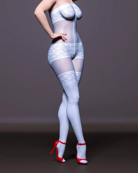 3Dレンダリング美しいセクシーな女の子の白いボディストッキング 曲線形状の女の子 女性のスタジオ写真 High Heel コンセプチュアルなファッションアート 誘惑率直な立場 夏親密な服 — ストック写真