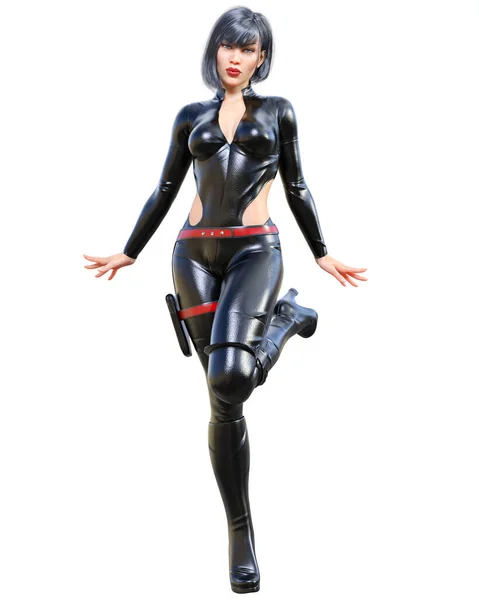 Όμορφη Ψηλή Γυναίκα Δερμάτινο Μαύρο Bodysuit Latex Στενή Τοποθέτηση Suit — Φωτογραφία Αρχείου