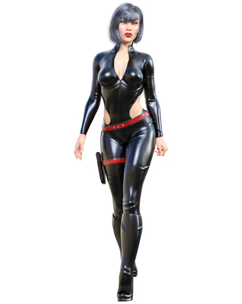 Beautiful Tall Woman Leather Black Bodysuit Latex Tight Fitting Suit — Stock Photo, Image
