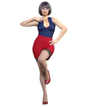 Mini etek ve çorap giymiş seksi bir sekreter. Güzel kız cinsel açıdan açık bir pozda duruyor. Sekreter fetiş üniforması.