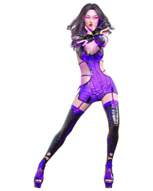 3D Japon suikastçı Amazon kadın. Fütürist neon parıltılı kostüm. Komedi kahramanı. Çizgi film, çizgi roman, manga illüstrasyonu.