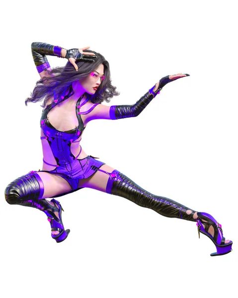 Japanese Assassin Warrior Amazon Woman Render Futuristic Neon Glow Costume — Stock Photo, Image