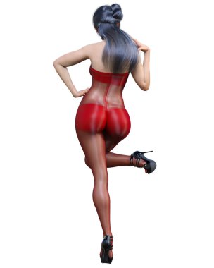 3 Boyutlu güzel seksi Japon kız kırmızı vücut çorabı. Kıvrımlı kız. Kadın stüdyo fotoğrafı. Yüksek topuklu. Kavramsal moda sanatı..