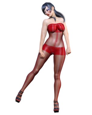 3 Boyutlu güzel seksi Japon kız kırmızı vücut çorabı. Kıvrımlı kız. Kadın stüdyo fotoğrafı. Yüksek topuklu. Kavramsal moda sanatı..