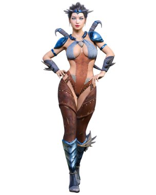 Hançerli savaşçı amazon kadın. Kaslı atletik vücut. Deri elbiseli fantezi kahraman..