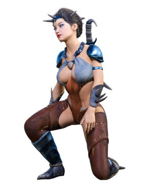 Hançerli savaşçı amazon kadın. Kaslı atletik vücut. Deri elbiseli fantezi kahraman..