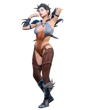 Hançerli savaşçı amazon kadın. Kaslı atletik vücut. Deri elbiseli fantezi kahraman..