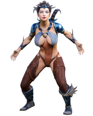 Hançerli savaşçı amazon kadın. Kaslı atletik vücut. Deri elbiseli fantezi kahraman..