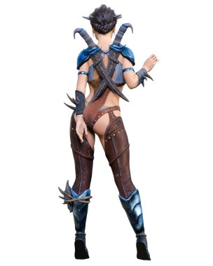 Hançerli savaşçı amazon kadın. Kaslı atletik vücut. Deri elbiseli fantezi kahraman..