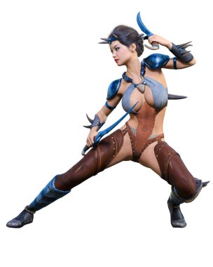 Hançerli savaşçı amazon kadın. Kaslı atletik vücut. Deri elbiseli fantezi kahraman..