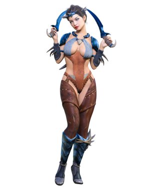 Hançerli savaşçı amazon kadın. Kaslı atletik vücut. Deri elbiseli fantezi kahraman..